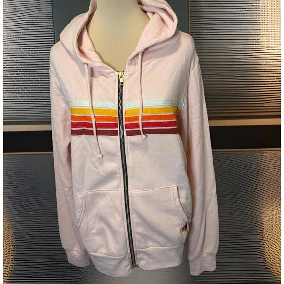 Aviator Nation Full Zip Hoodie Med 5 Stripe Light Pink/Rainbow White NWT $196 - Picture 16 of 16